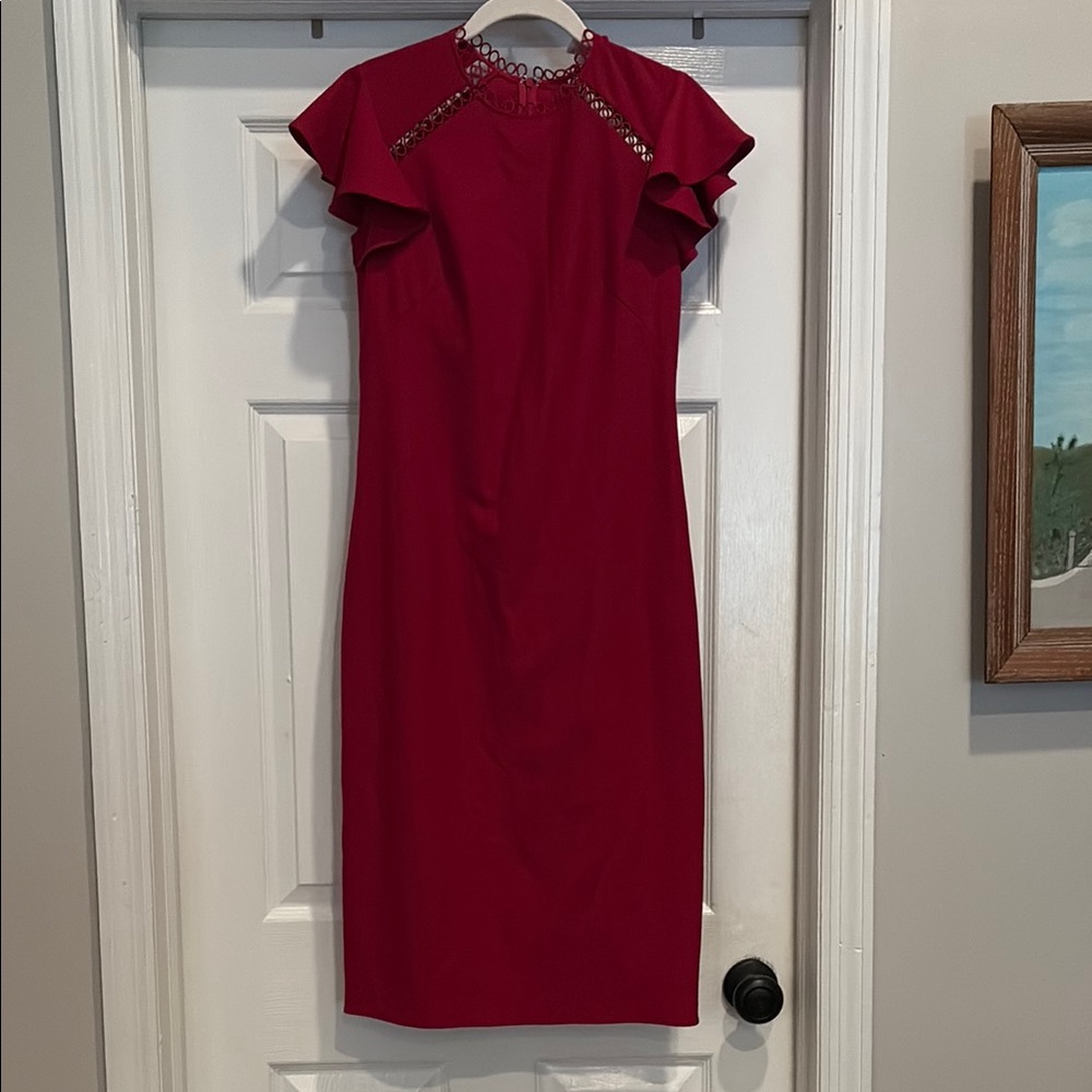 Shoshanna Red Midi Dress with Ruffle Sleeves
